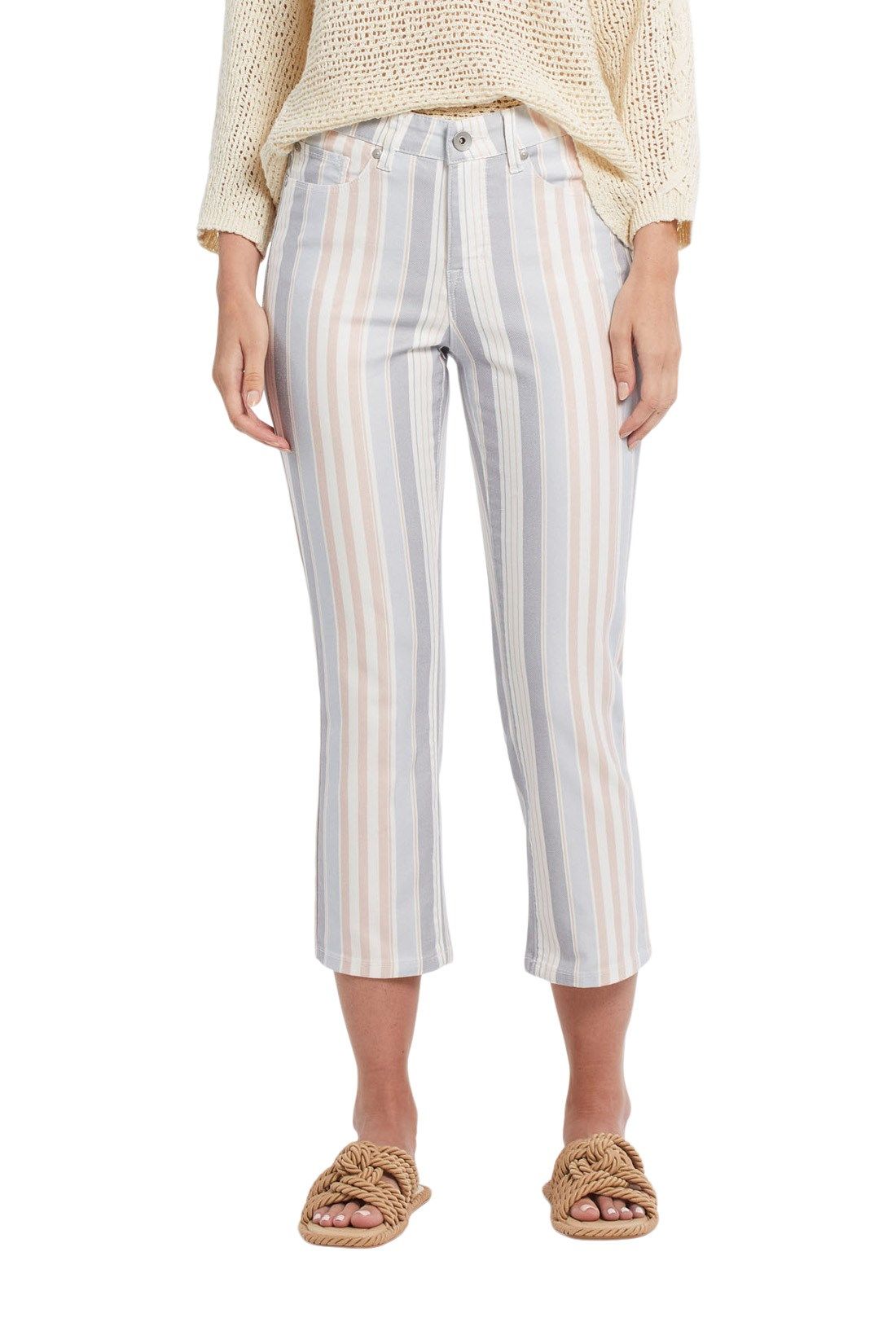 Tribal women's Audrey Printed Denim Capris in Sea Fog, front view of striped denim and button closure.