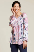 Tribal women's Printed Lace-Insert Blouse in Blossom, front view showing the pink and navy pattern.