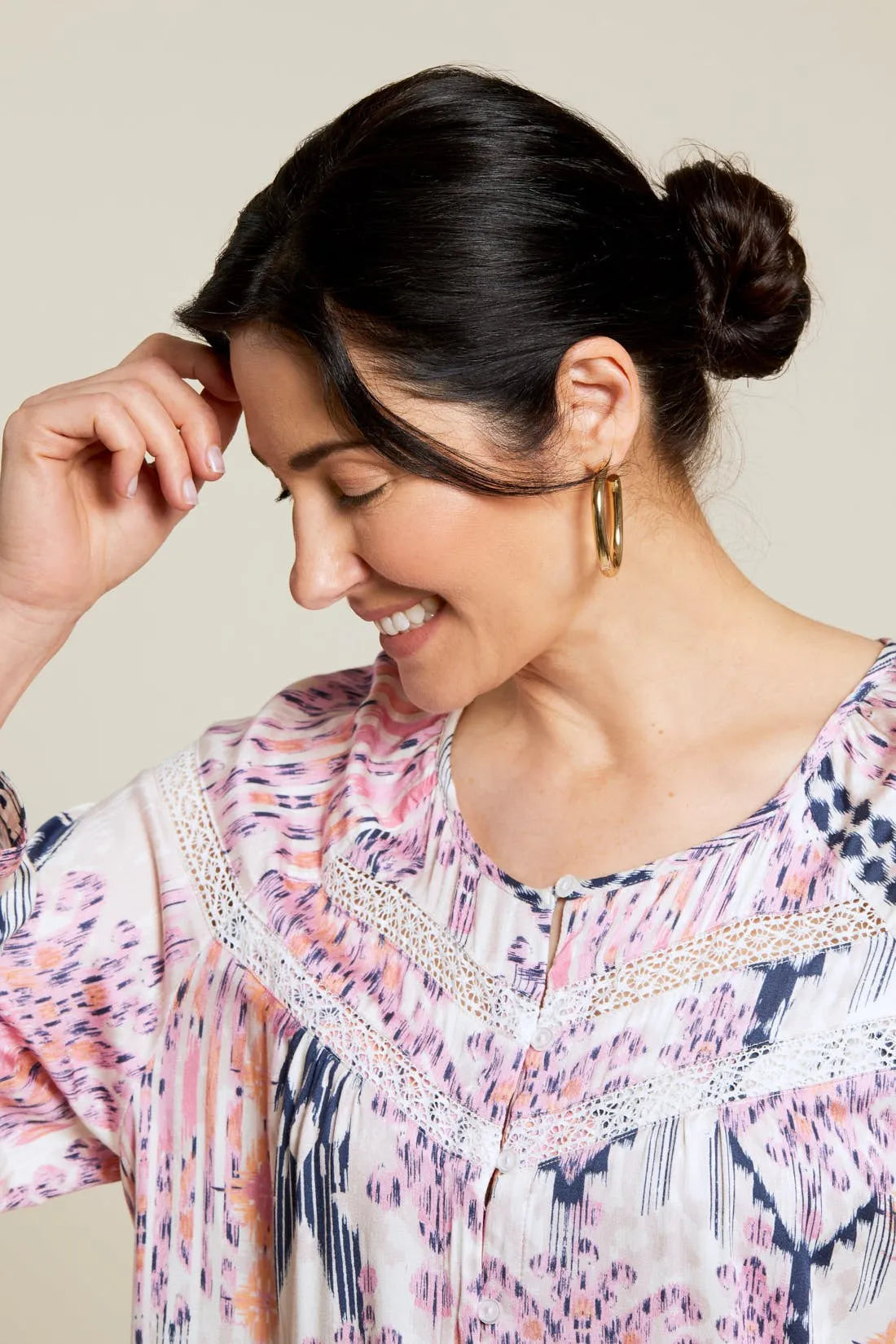 Tribal women's Printed Lace-Insert Blouse in Blossom, close-up of the round neckline and lace yoke.