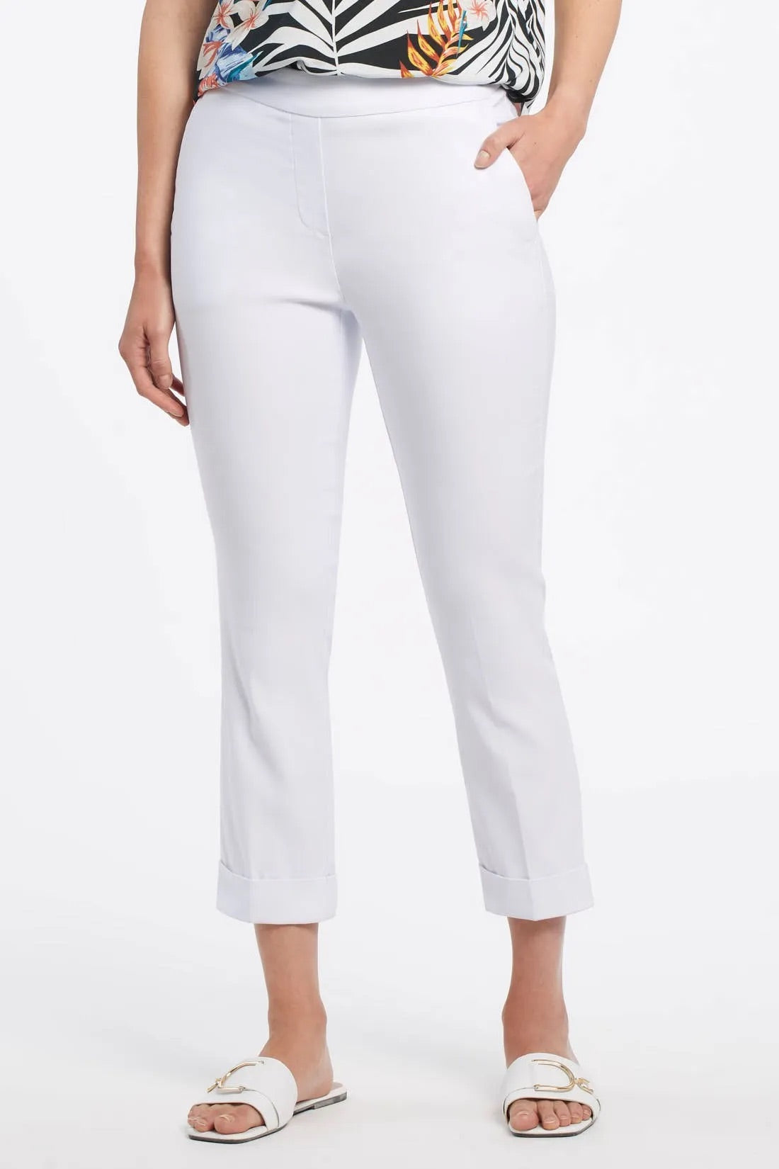 Tribal women's Pull-On Capris in White, front view showing the waistband and front pockets.