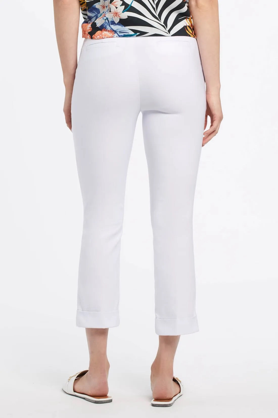 Tribal women's Pull-On Capris in White, back view showing faux welt pockets and cuffed hems.