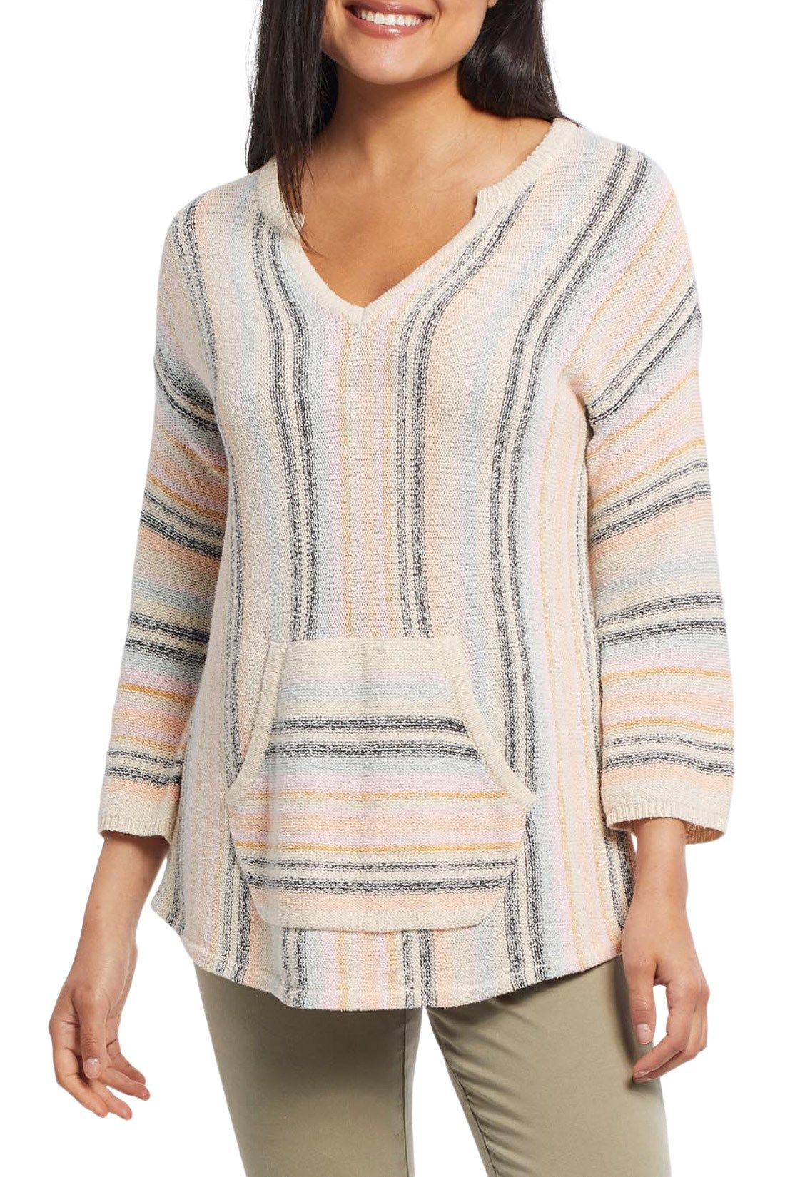 Tribal women's Split Neck Striped Sweater in Apricot, front view showing kangaroo pocket.