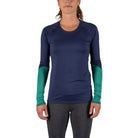 Women's rabbit Long Sleeve. Blue/Green. Front view.