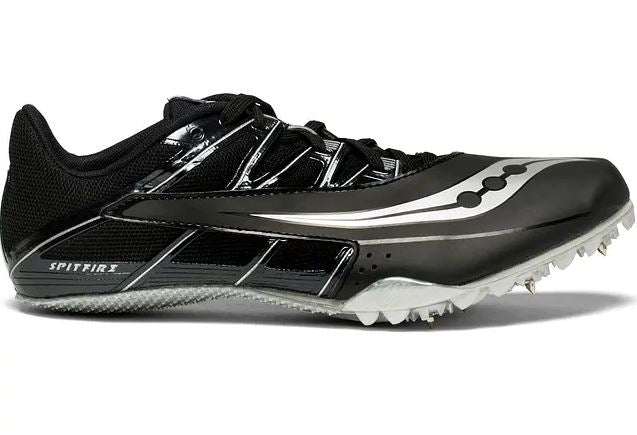 Men's Saucony Spitfire 4. Black/Silver. Lateral view.