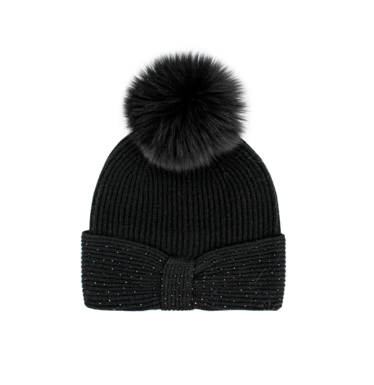 Mitchie's Matchings Knitted Hat with Bow and Fox Fur Pom