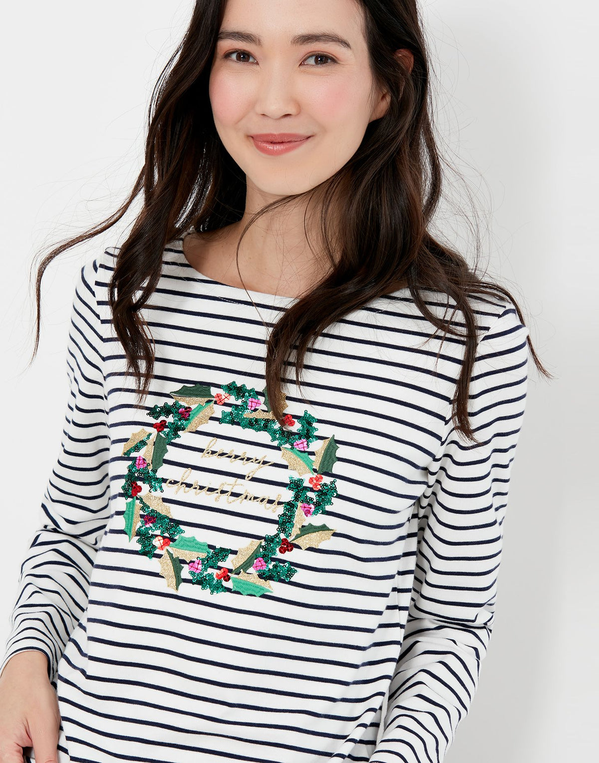 Joules Harbour Luxe Long Sleeve Jersey Top - Christmas Wreath - Women's