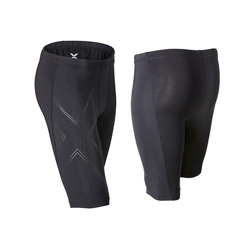 a pair of black compression shorts with the silver outline of an x on the side