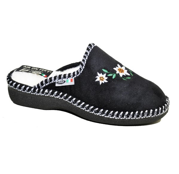 NIS Air On Feet women's slippers in Black with edelweiss embroidery
