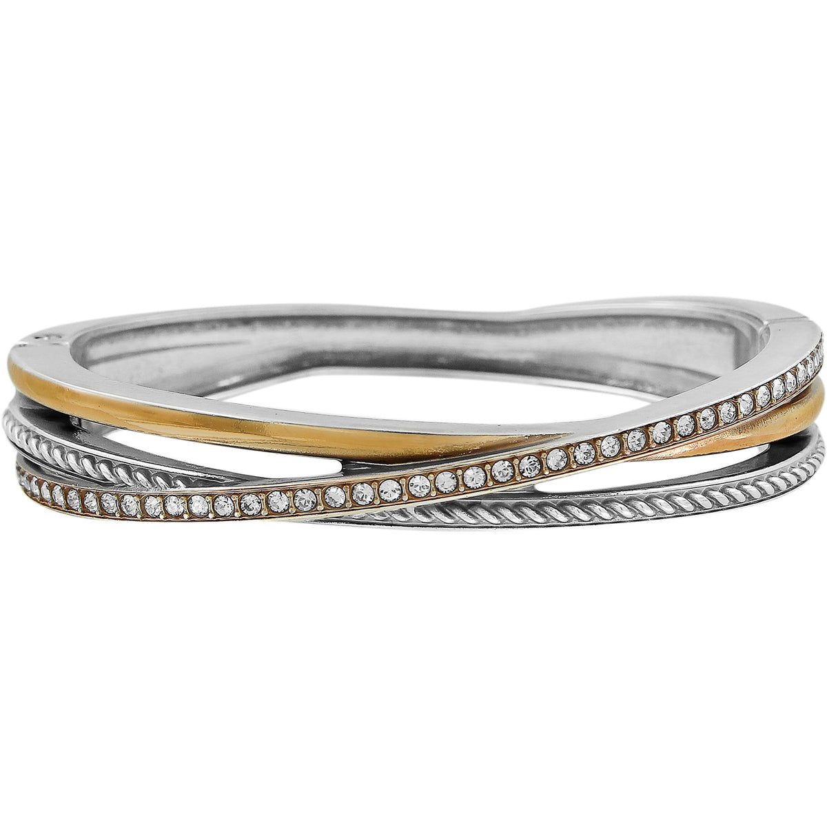 A stacked bangle bracelet with gold and silver colors, featuring clear stones on the edges and a hinged design.