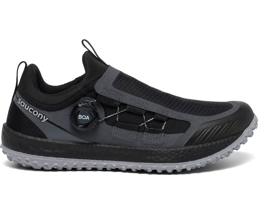 Women's Saucony Switchback 2. Black upper. Black midsole. Lateral view.