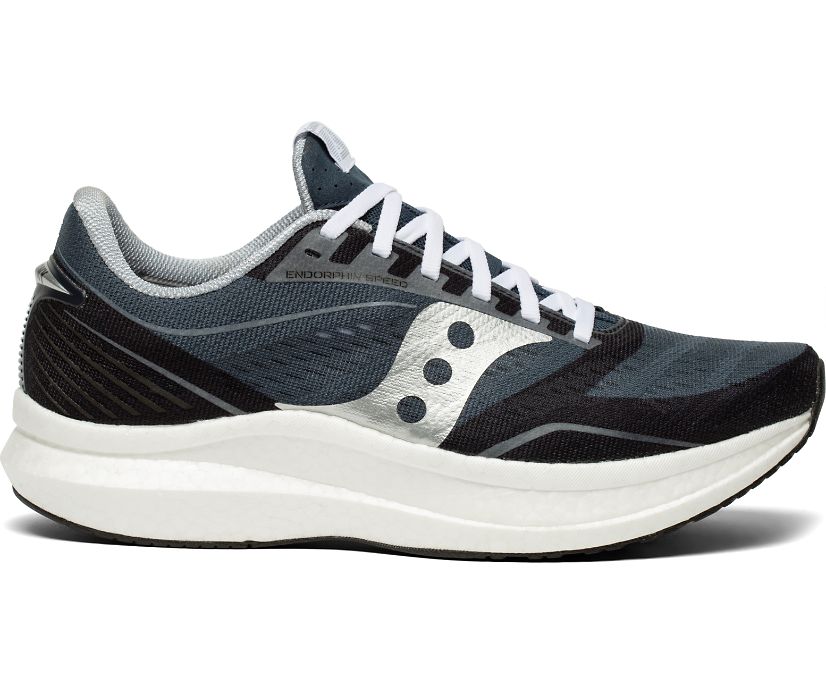 Women's Saucony Endorphin Speed. Teal/Black upper. White midsole. Lateral view.