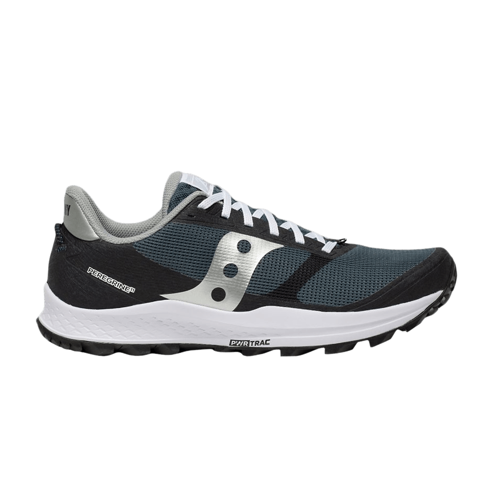 Women's Saucony Peregrine 11. Navy upper. White midsole. Lateral view.