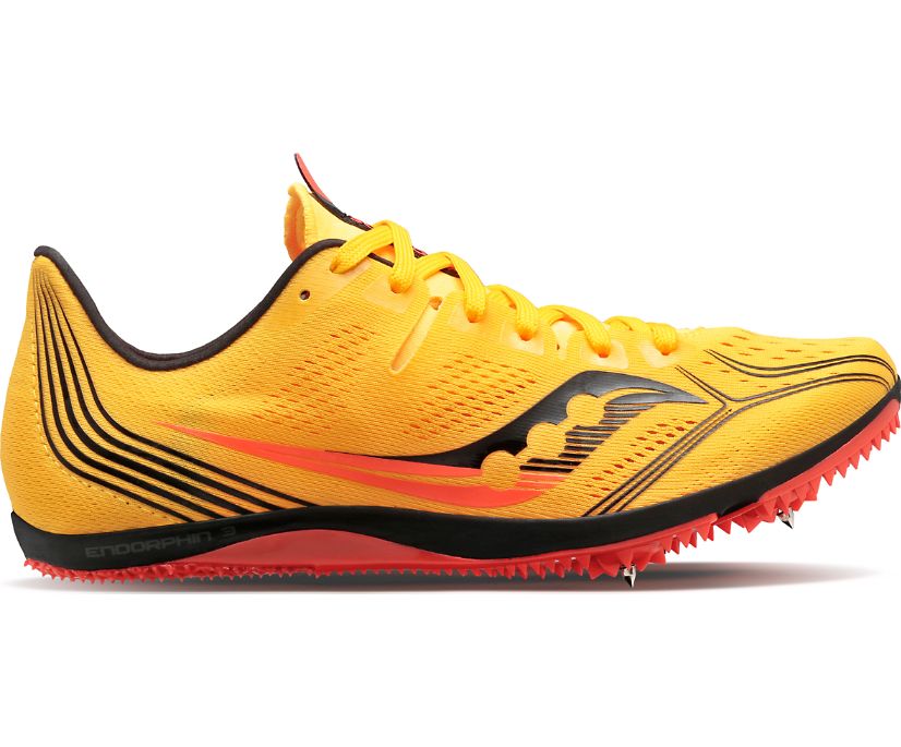Men's Saucony Endorphin 3. Yellow upper. Black midsole. Lateral view.