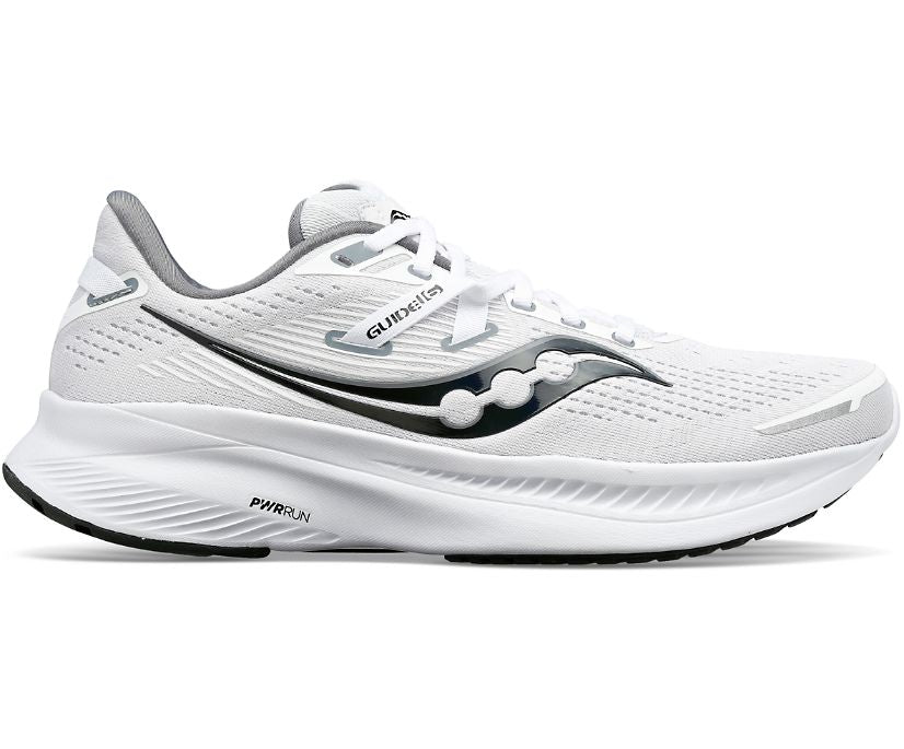 Women's Saucony Guide 16. White upper. White midsole. Lateral view.