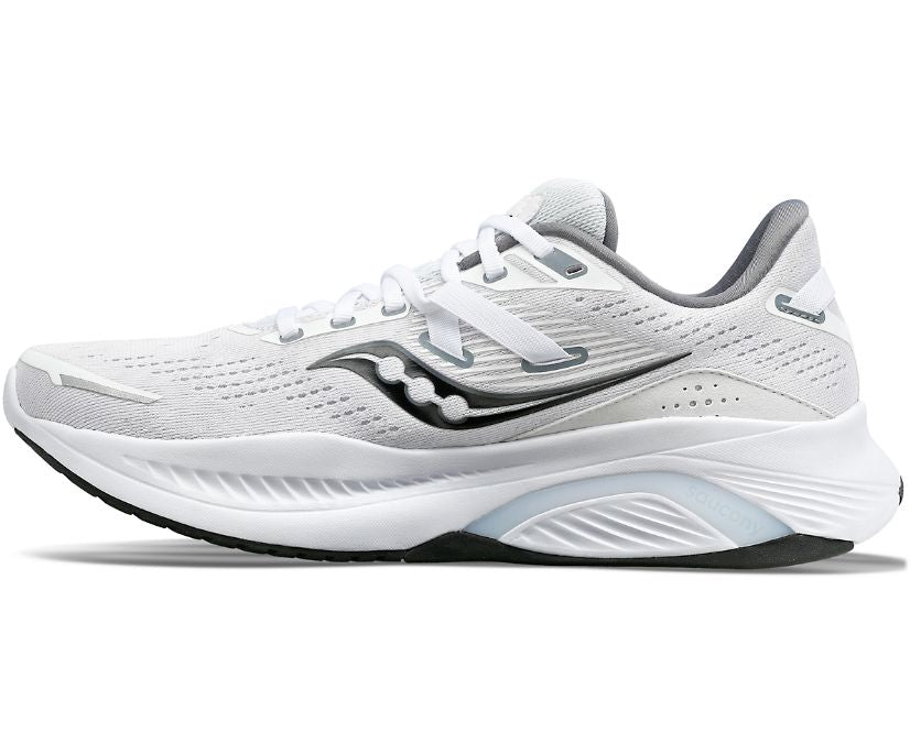 Women's Saucony Guide 16. White upper. White midsole. Medial view.