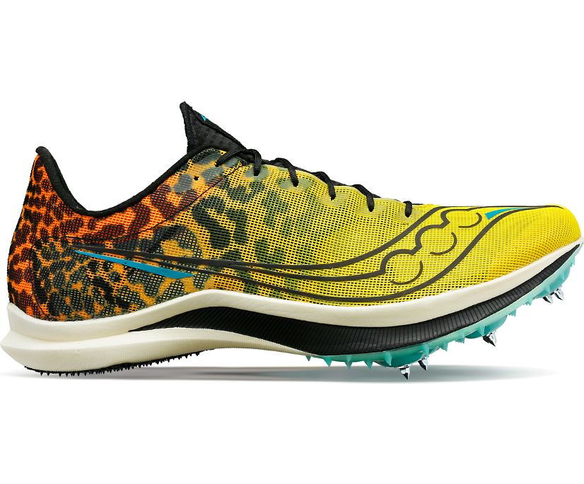 Men's Saucony Endorphin Cheetah. Cheetah upper. White midsole. Lateral view.