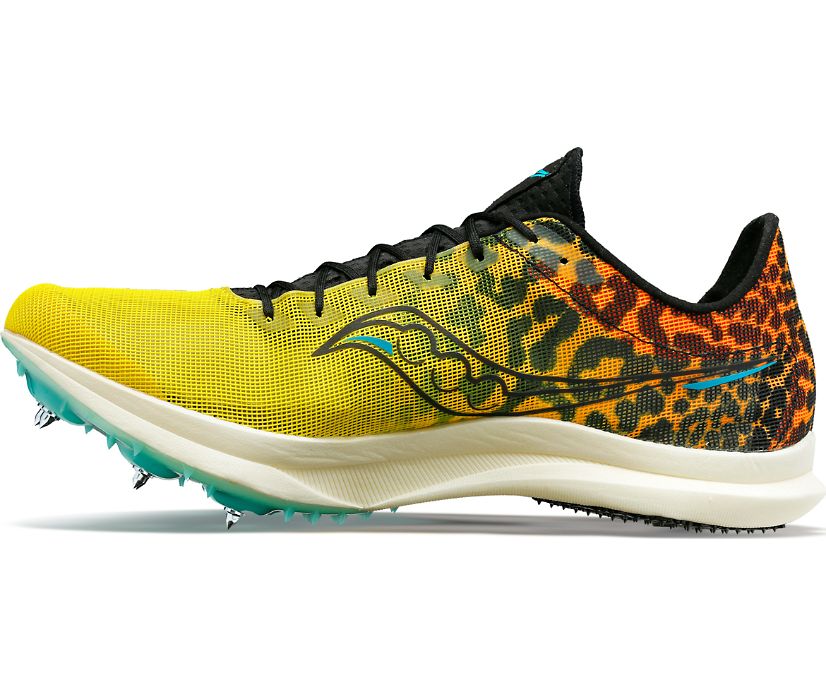 Men's Saucony Endorphin Cheetah. Cheetah upper. White midsole. Medial view.