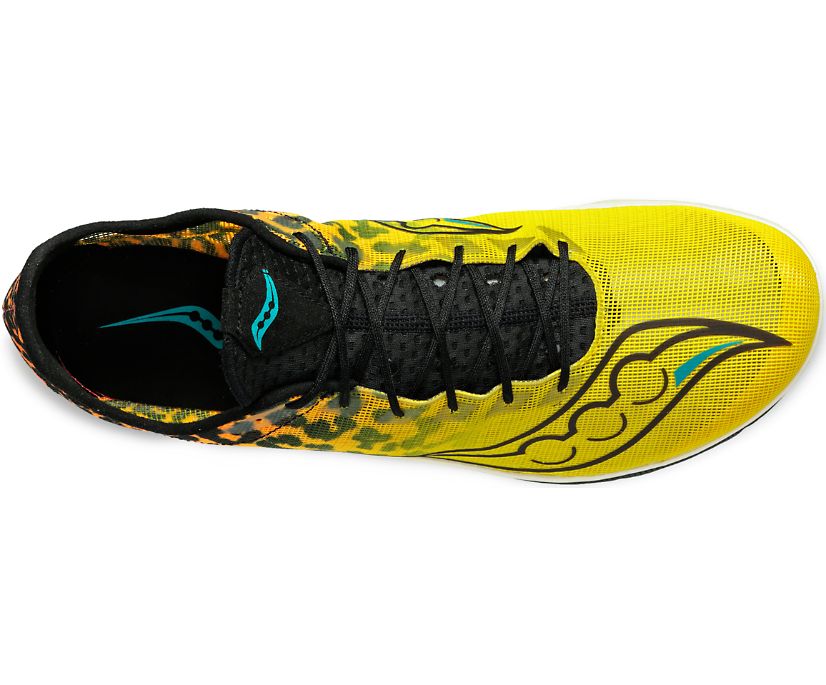 Men's Saucony Endorphin Cheetah. Cheetah upper. White midsole. Top view.