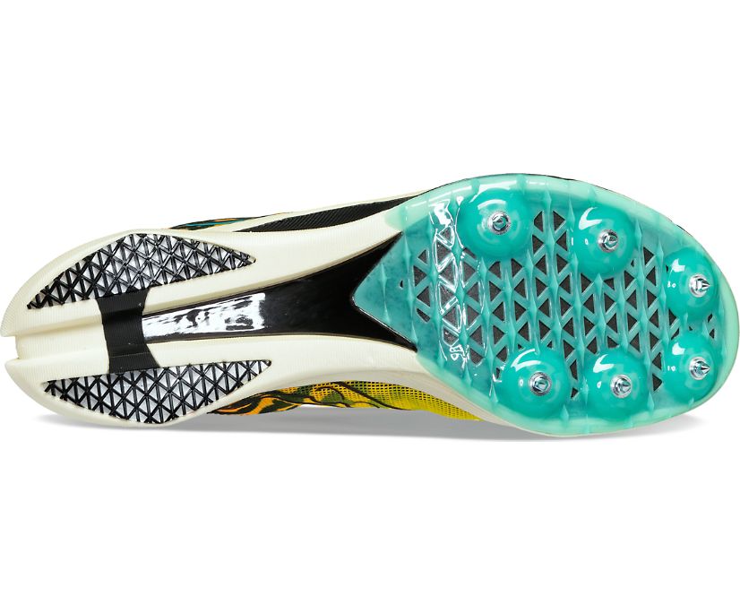 Men's Saucony Endorphin Cheetah. Cheetah upper. White midsole. Bottom view.