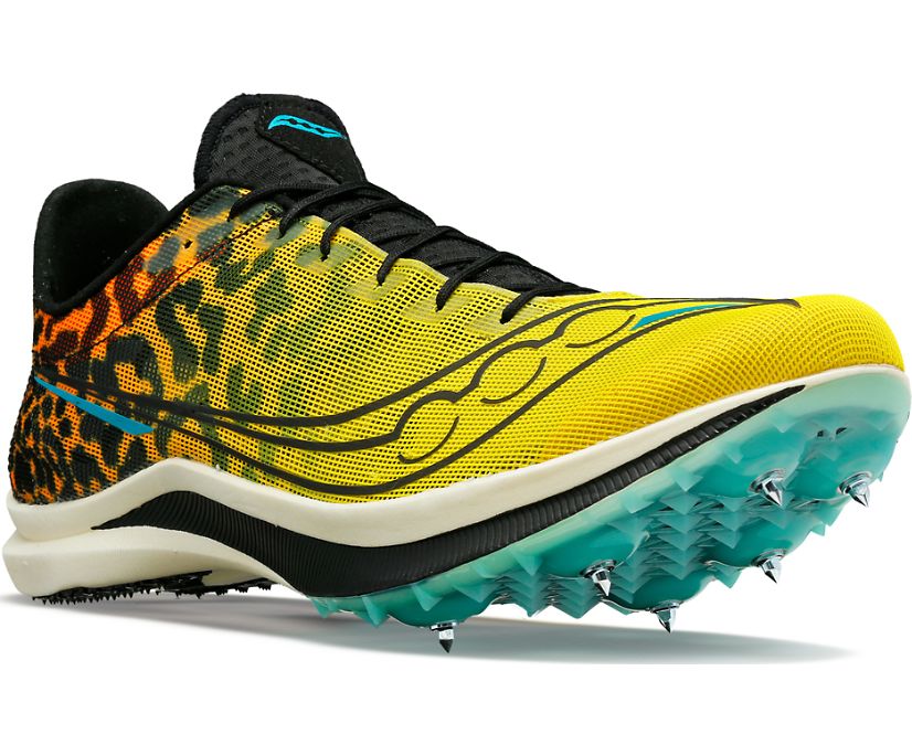 Men's Saucony Endorphin Cheetah. Cheetah upper. White midsole. Lateral view.