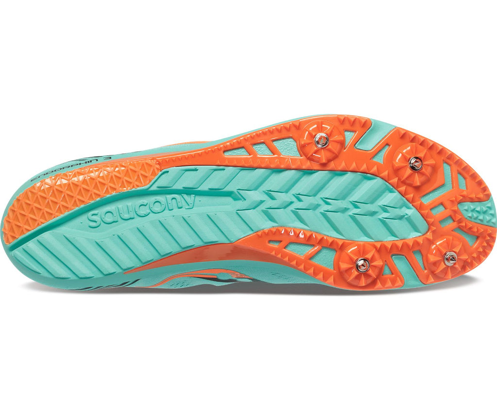 Men's Saucony Endorphin 3. Teal upper. Teal midsole. Bottom view.