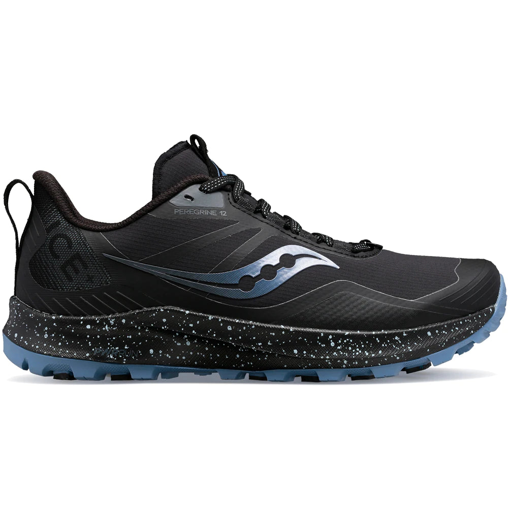 Women's Saucony Peregrine ICE 3. Black upper. Black midsole. Lateral view.