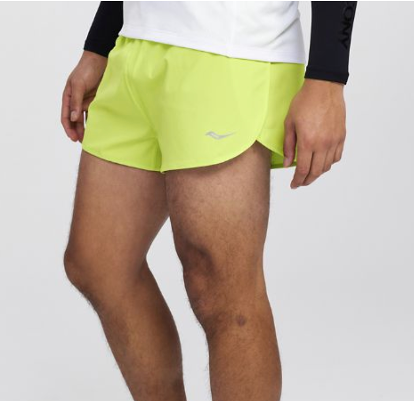 Men's Saucony Outpace Shorts. Neon Yellow. Front/Lateral view.