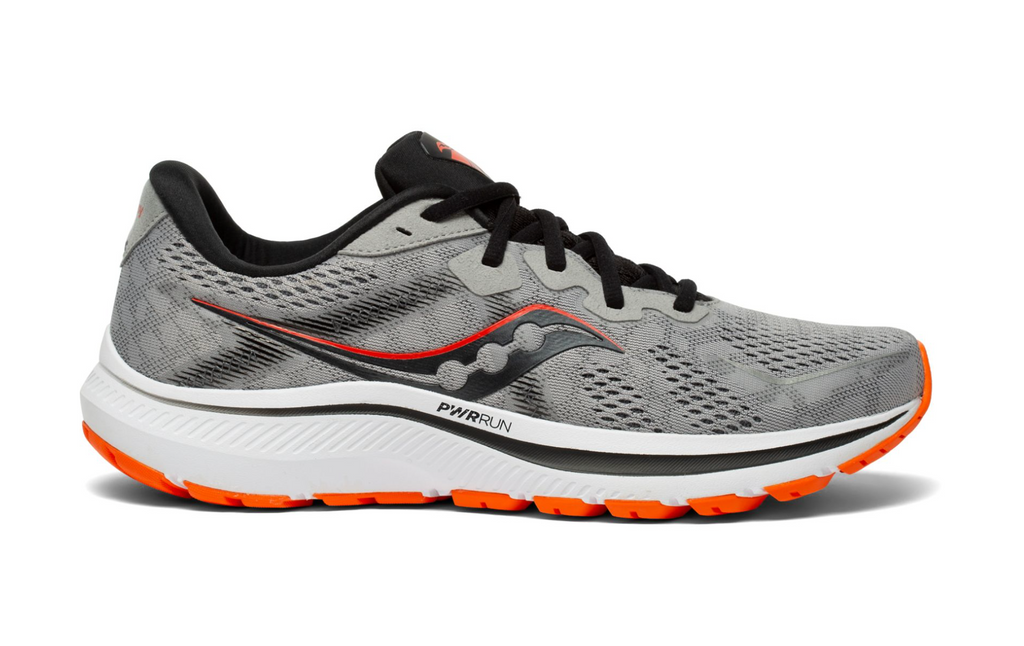Men's Saucony Omni 20. Grey upper. White midsole. Lateral view.