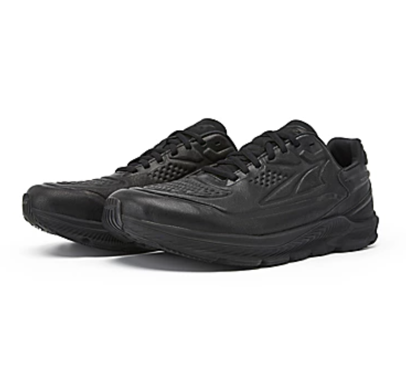 Women's Altra Torin 5 Leather. Black upper. Black midsole. Lateral view.