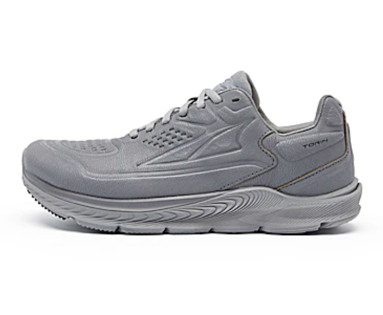 Women's Altra Torin 5 Leather. Grey upper. Grey midsole. Lateral view.