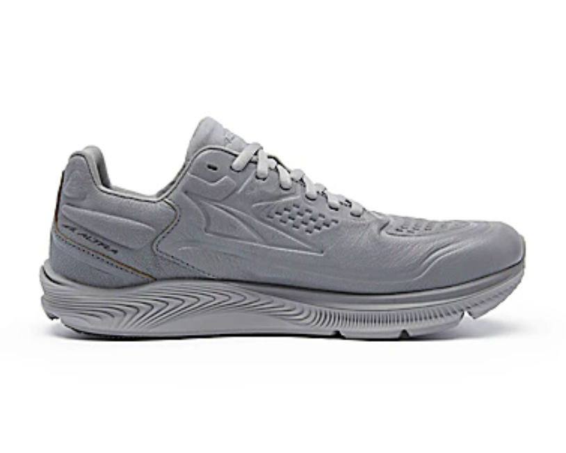 Women's Altra Torin 5 Leather. Grey upper. Grey midsole. Medial view.