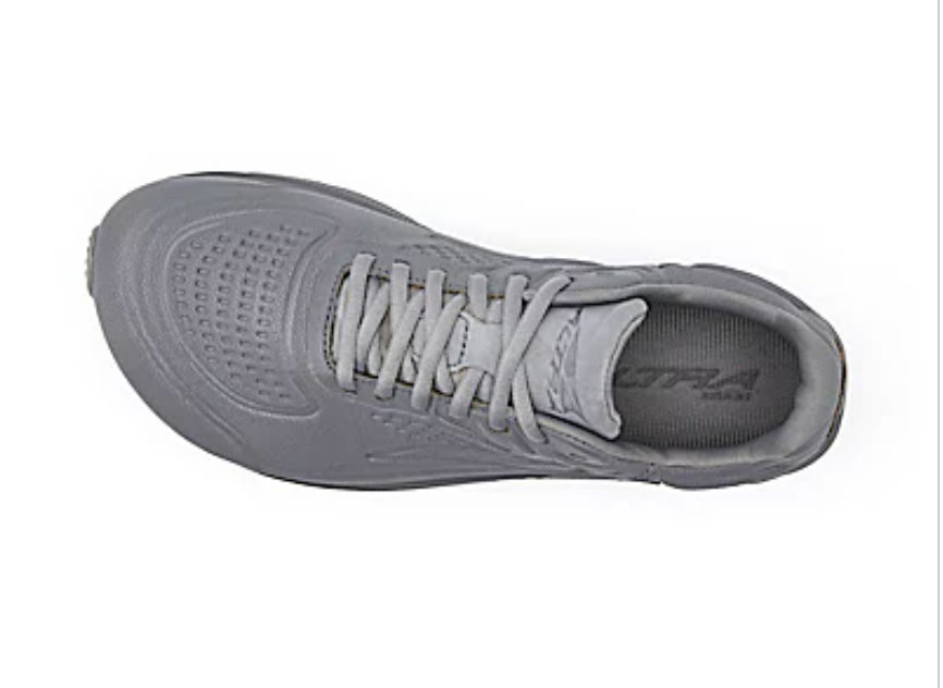 Women's Altra Torin 5 Leather. Grey upper. Grey midsole. Top view.