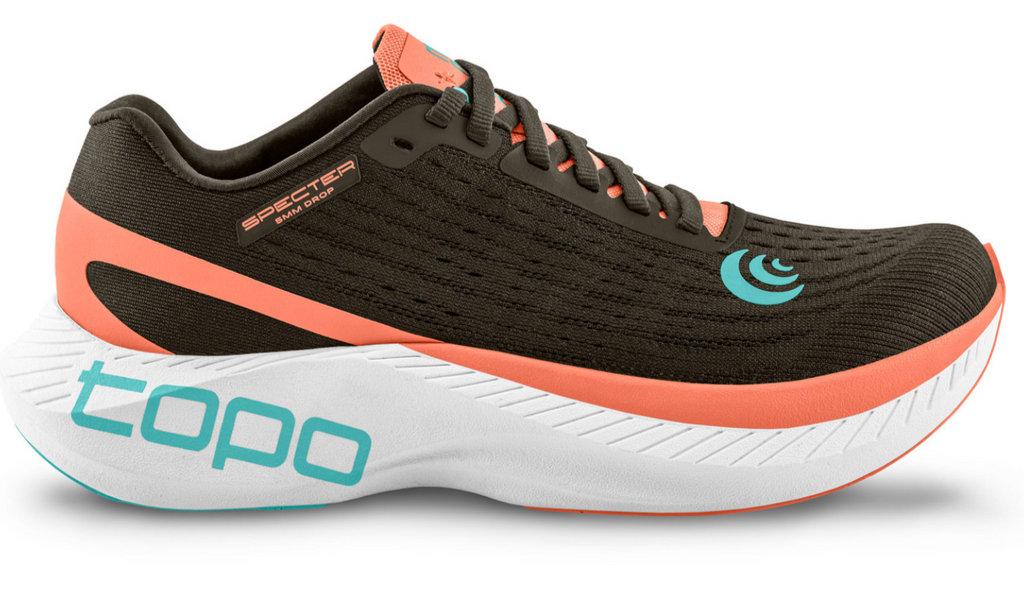 Women's Topo Athletic Specter. Brown upper. White midsole. Lateral view.