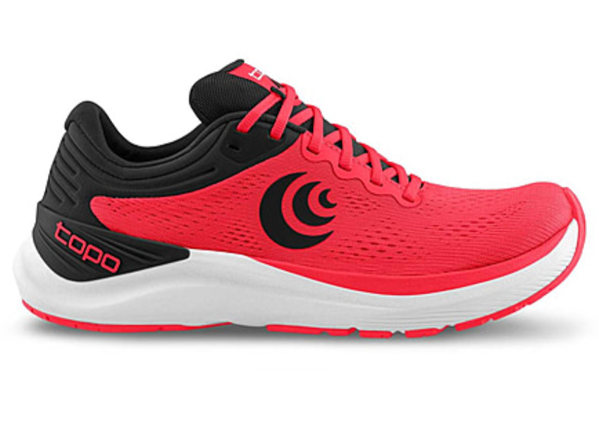 Men's Topo Athletic Ultrafly 4. Red upper. White midsole. Lateral view.