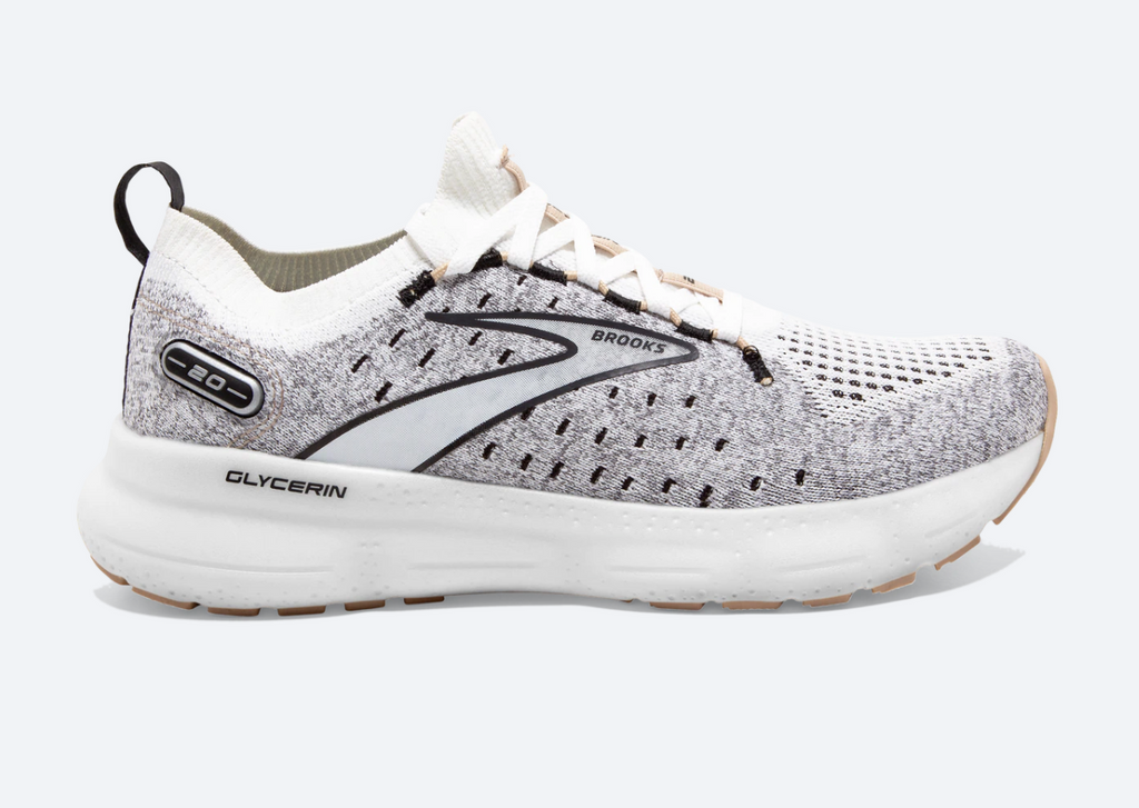 Women's Brooks Glycerin Stealthfit 20. Grey upper. White midsole. Lateral view.