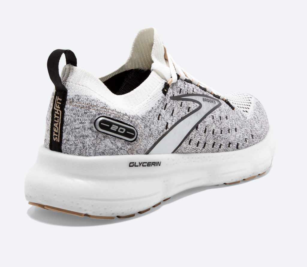 Women's Brooks Glycerin Stealthfit 20. Grey upper. White midsole. Rear/Lateral view.