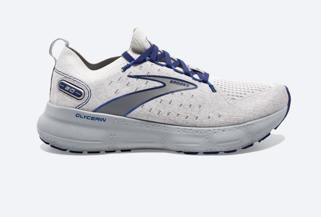 Men's Brooks Glycerin Stealthfit 20. White upper. Grey midsole. Lateral view.