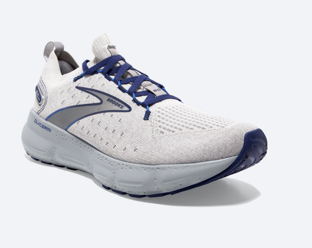 Men's Brooks Glycerin Stealthfit 20. White upper. Grey midsole. Lateral view.