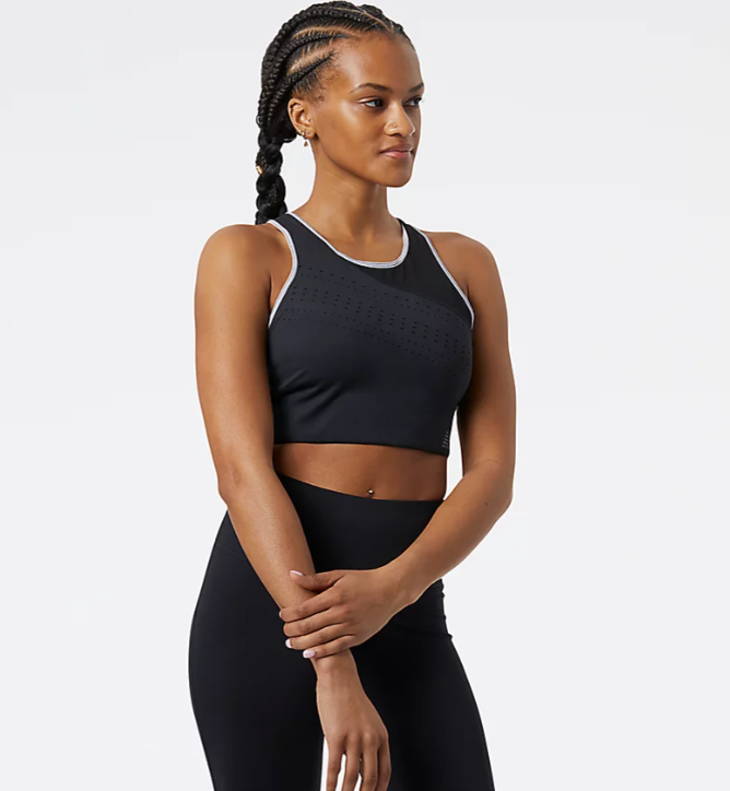 Women's New Balance Q Speed Crop Bra. Black. Front view.