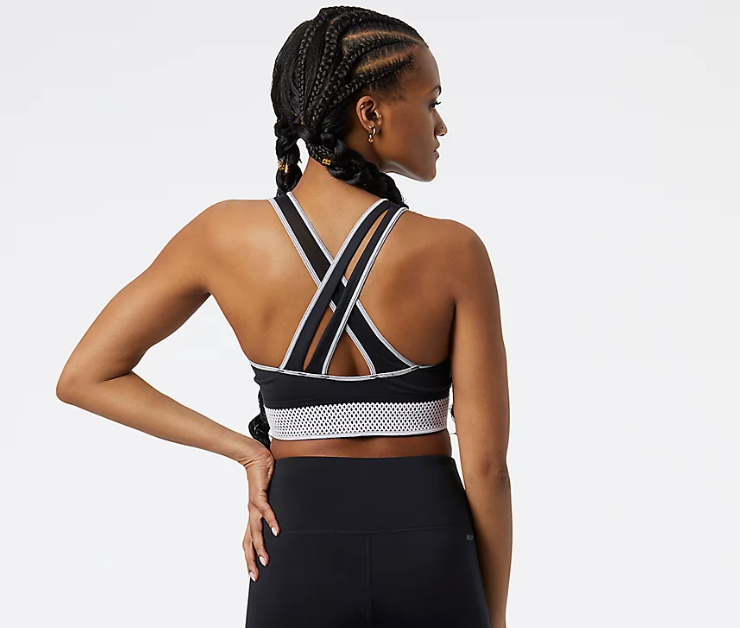 Women's New Balance Q Speed Crop Bra. Black. Rear view.