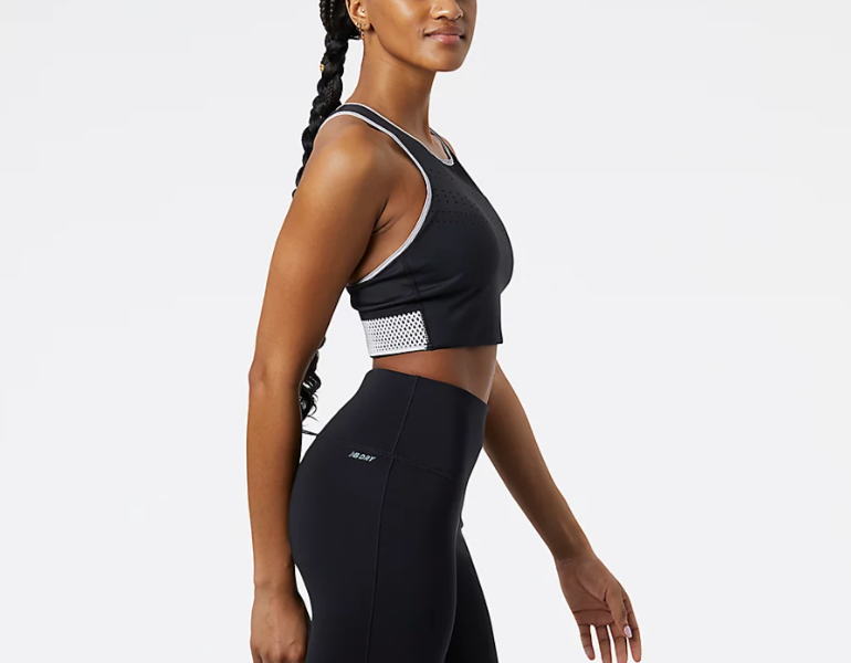 Women's New Balance Q Speed Crop Bra. Black. Lateral view.