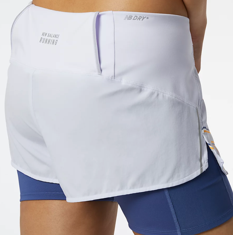 Women's New Balance Impact Shorts. Light Blue. Rear view.