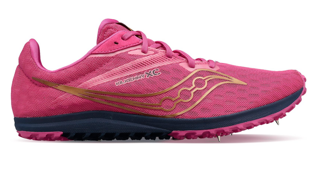 Women's Saucony Kilkenny XC 9. Pink upper. Purple midsole. Lateral view.