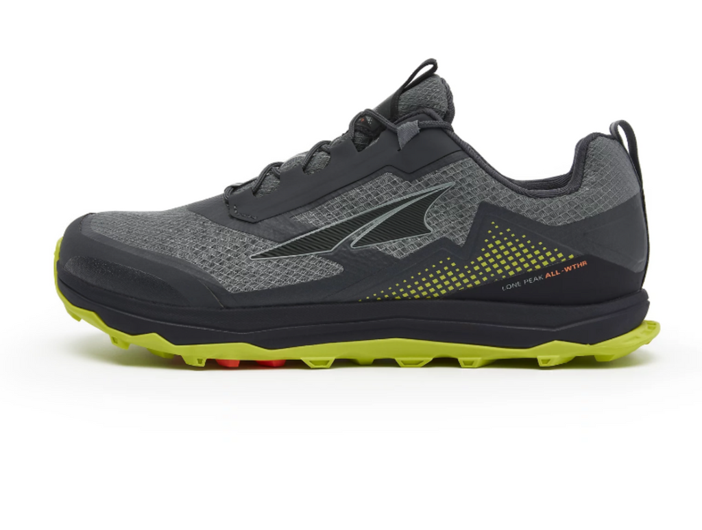 Men's Altra Lone Peak All Weather Low. Grey upper. Black midsole. Lateral view.