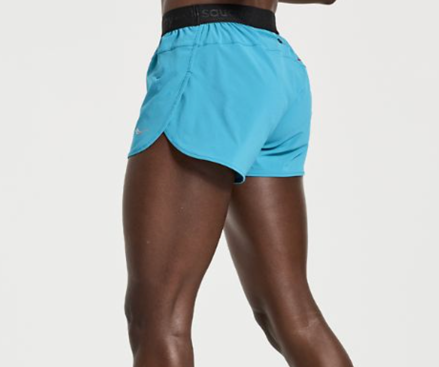 Women's Saucony Outpace Shorts. Green/Blue. Lateral view.