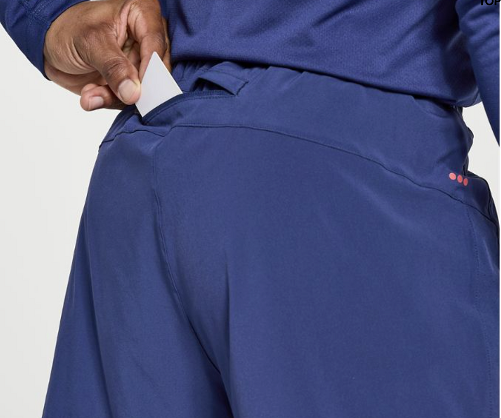 Men's Saucony Outpace Shorts. Blue. Rear pocket closeup.