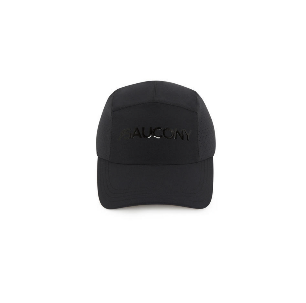 Unisex Saucony Outpace Hat. Black. Front view.