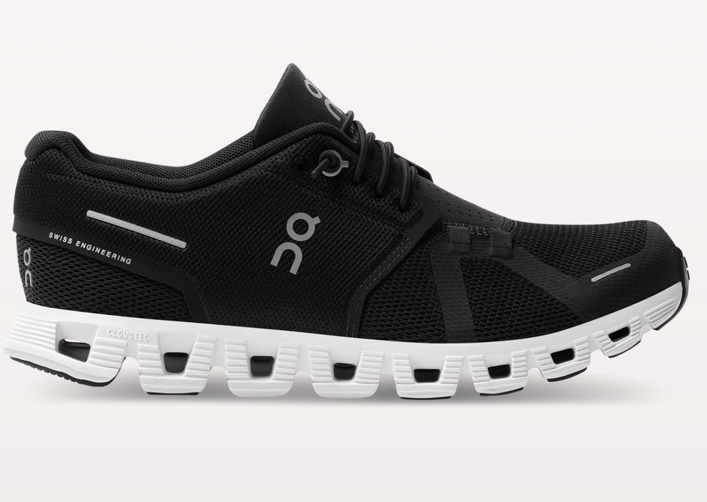Men's On Cloud 5. Black upper. White midsole. Lateral view.
