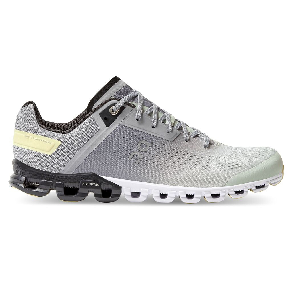 Men's On Cloudflow. Grey upper. White midsole. Lateral view.