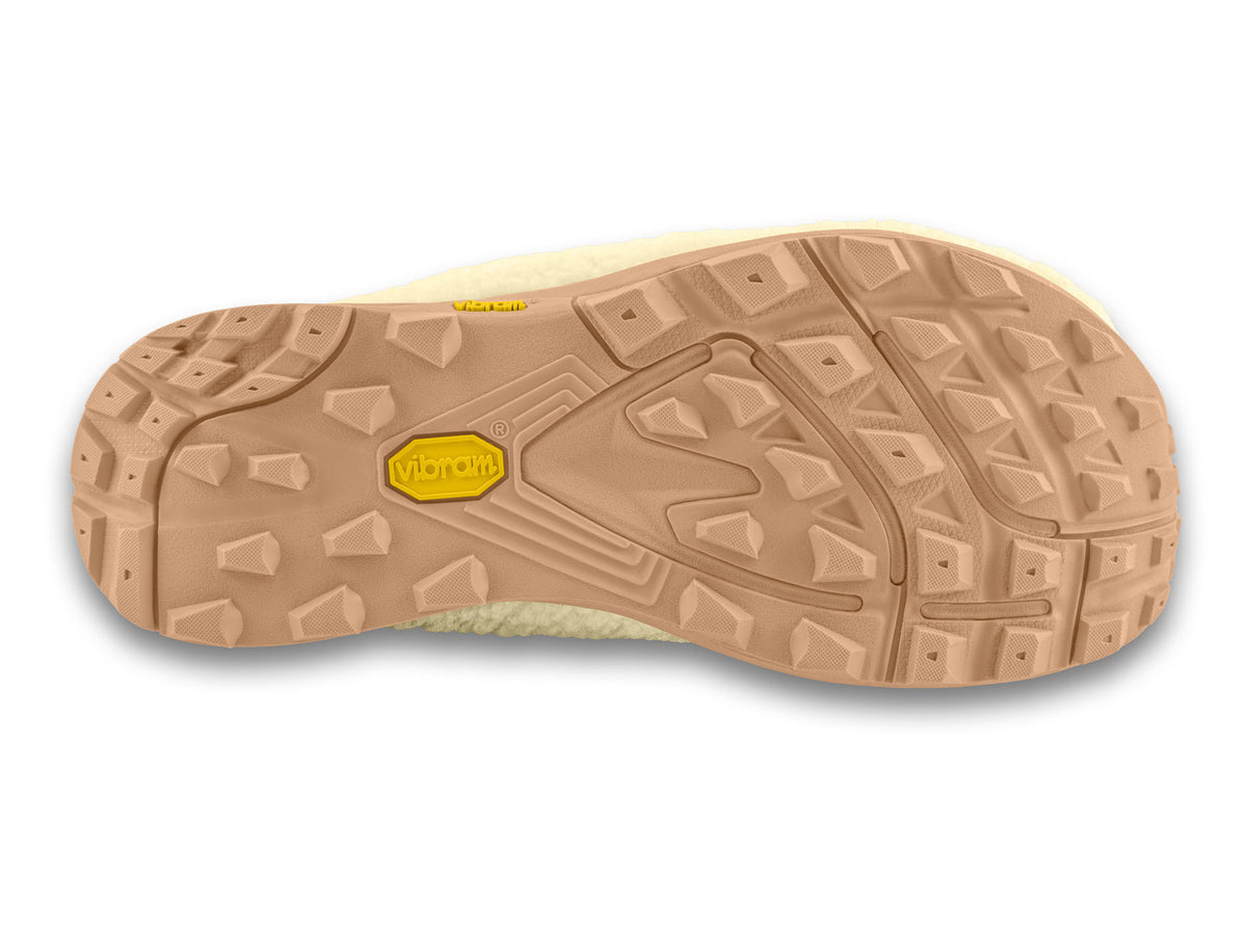 Women's Topo Athletic Revive. Off white upper. Tan midsole. Bottom view.